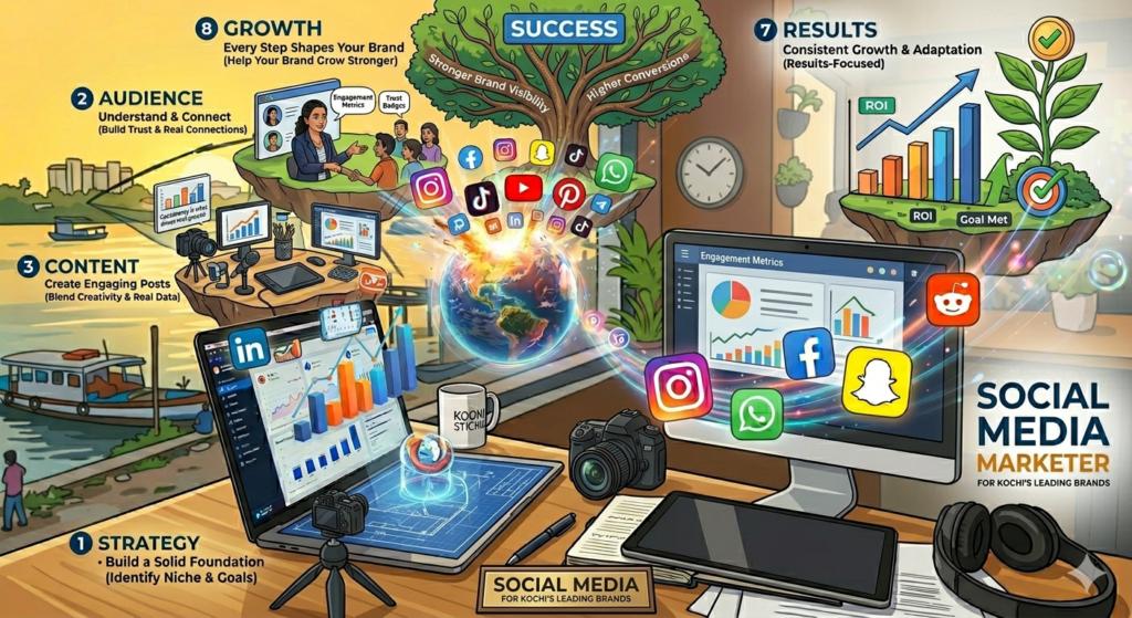 Social media marketer in Kochi analyzing digital marketing strategy with social media icons, growth charts, and audience engagement tools in a modern workspace