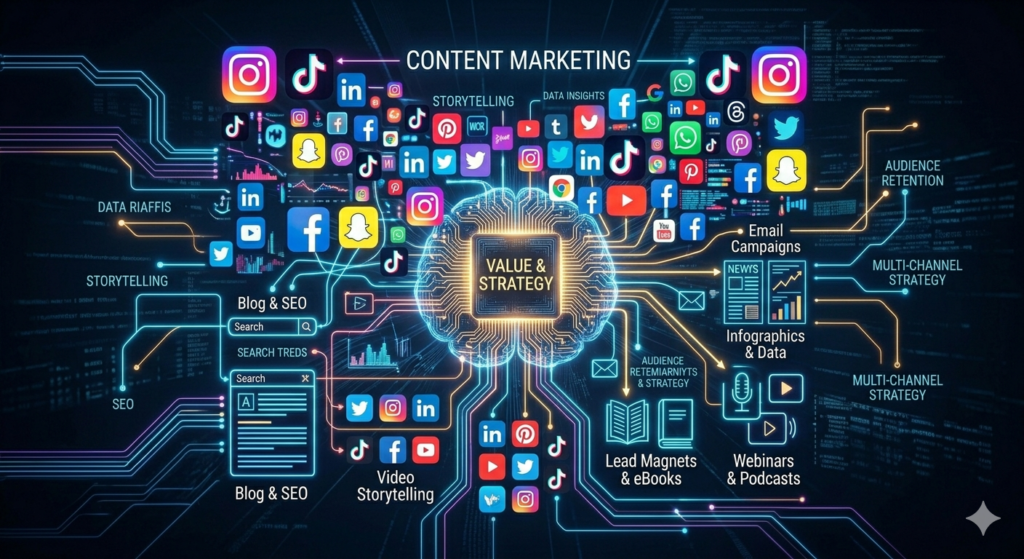 Strategic content marketing diagram showing social media icons connected to a central digital brain, representing expert digital marketing services in Kochi.